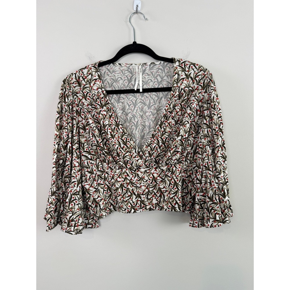 Anthropologie Blouse Cream Green Red Floral S Cropped Bell Sleeve Boho